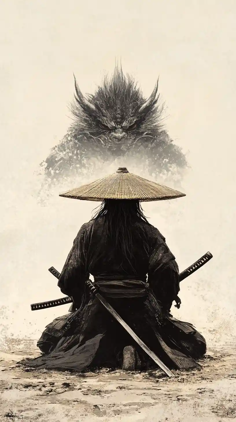 澄み渡る空の下、砂の上にひざまずく孤高の侍