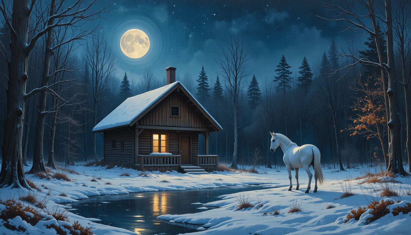 White horse resting by a moonlit forest cabin