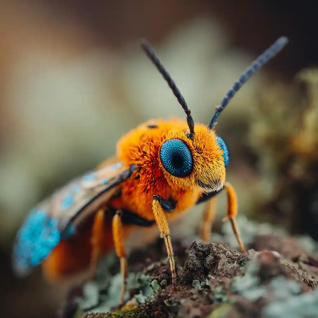 Tiny orange insect resting on mossy tree trunk