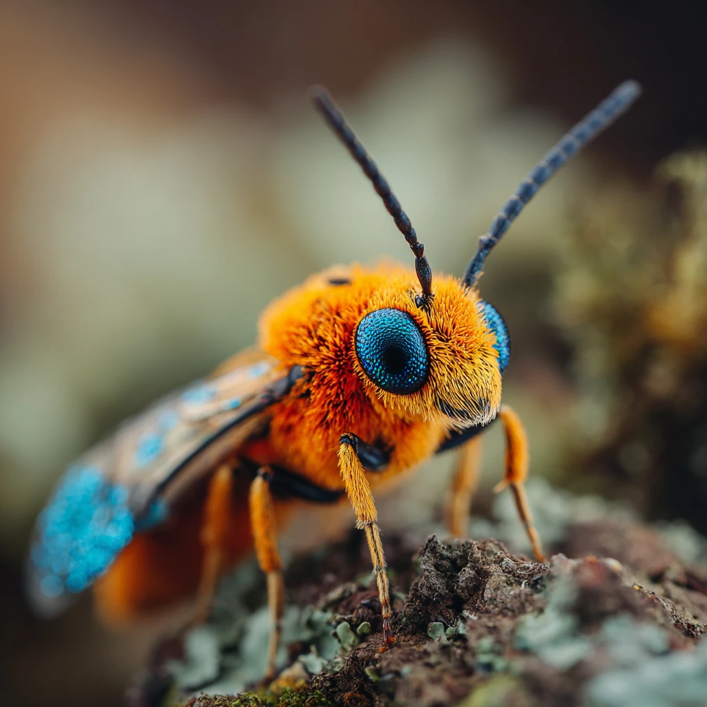 Tiny orange insect resting on mossy tree trunk