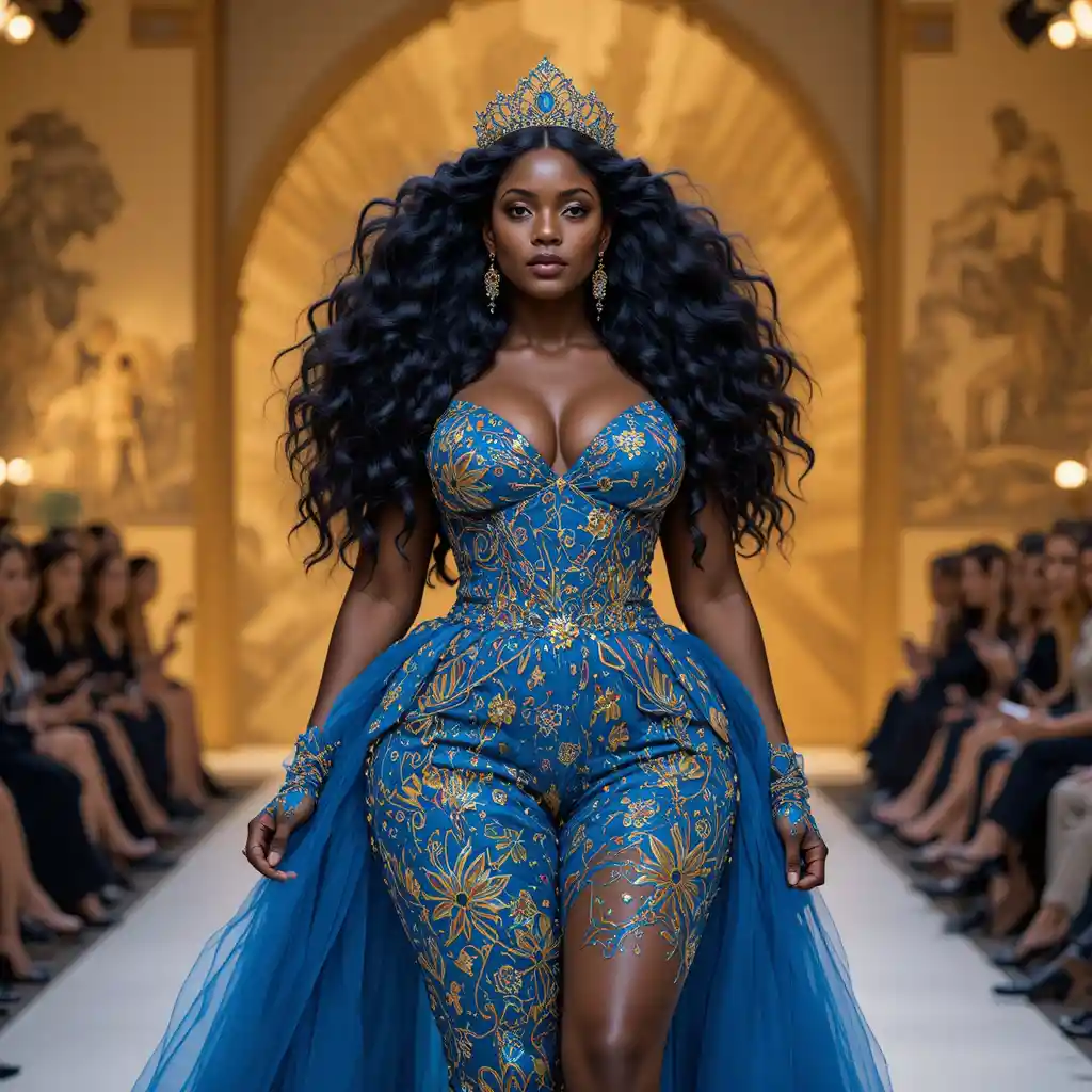 Curvy black fashion model in avant garde runway couture