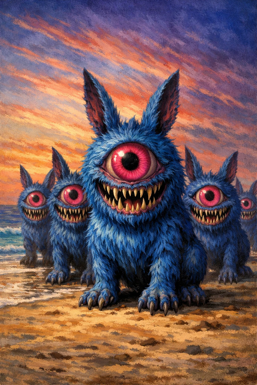 Monstruos conejo azules de un solo ojo alineados en una playa