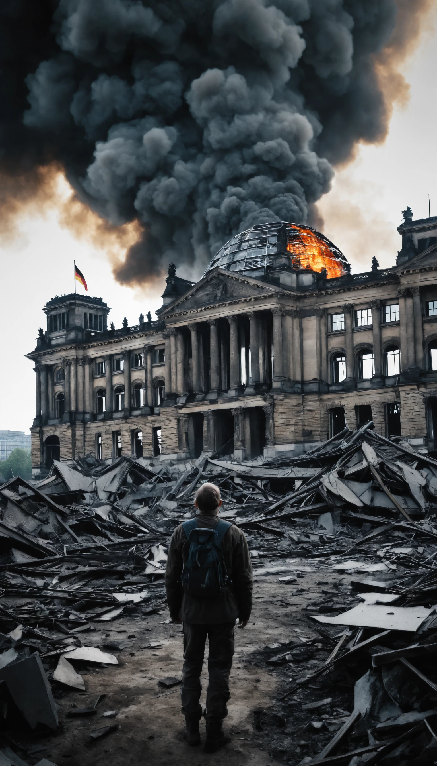 Reichstag en ruinas en un paisaje urbano posapocalíptico en llamas