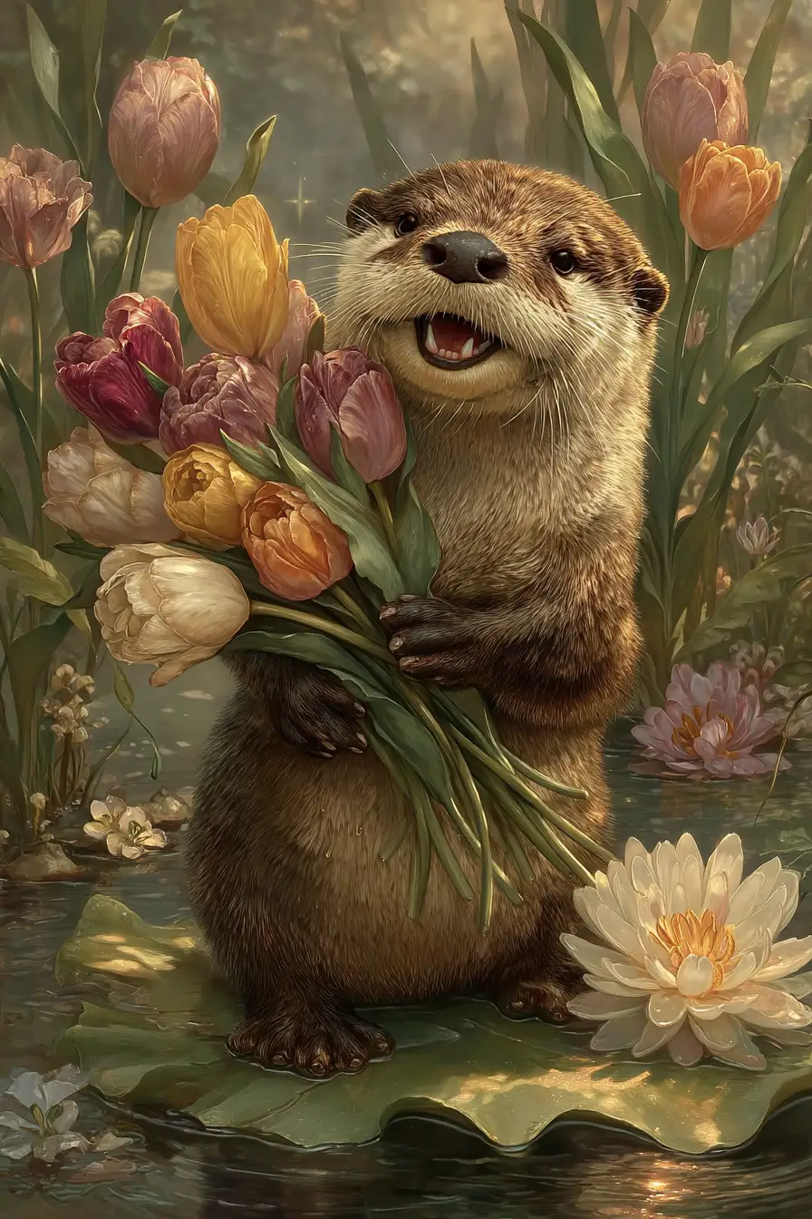 Joyful otter on water lily with tulip bouquet