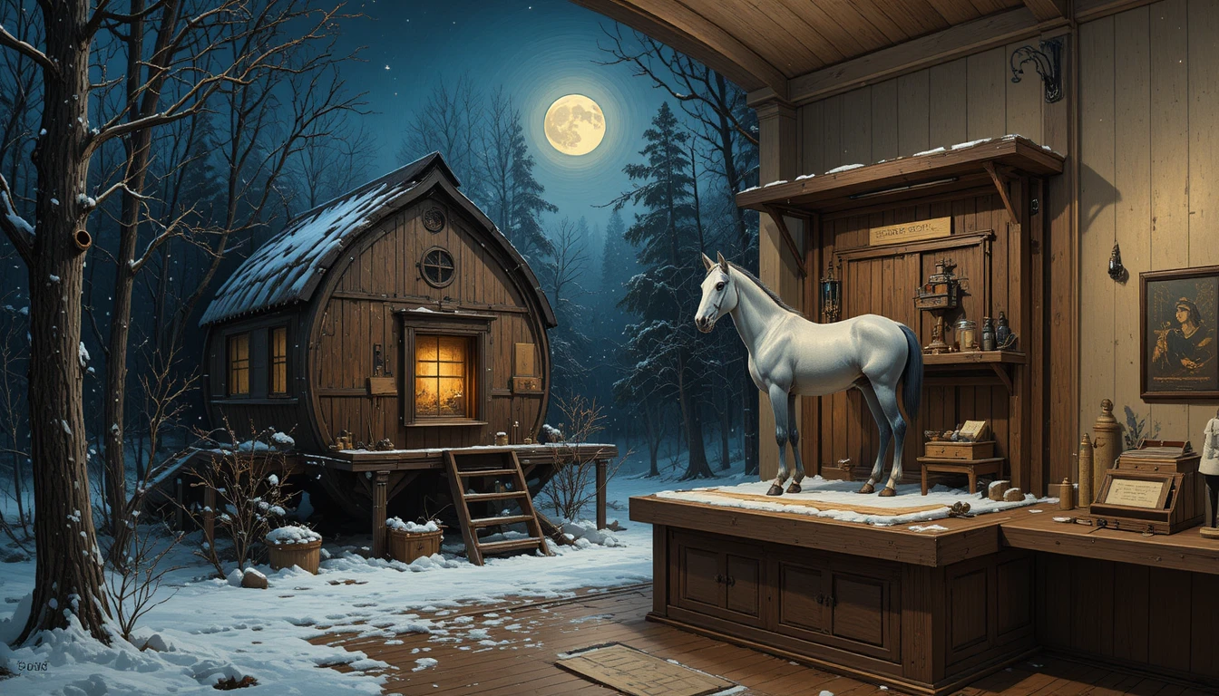 Mondbeschienene Winterwaldhütte an einem zugefrorenen Teich