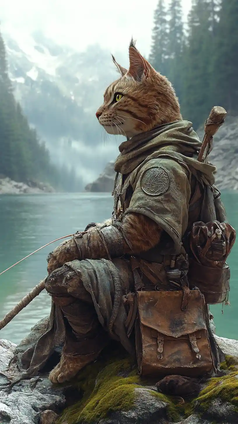 Majestätische Fischkatze, die an einem Bergsee ruht
