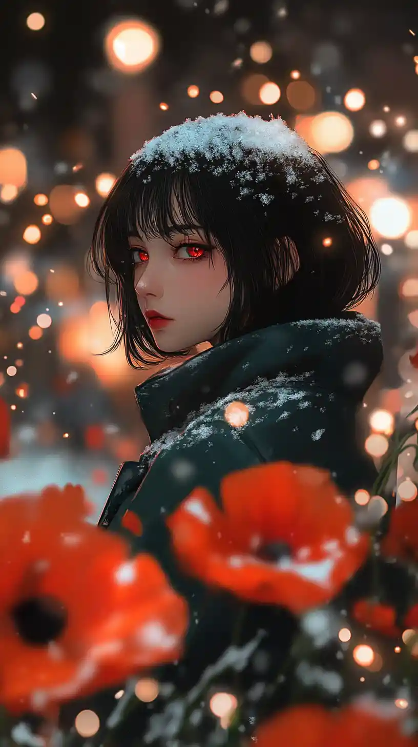 Anime girl in snow with red poppies at night