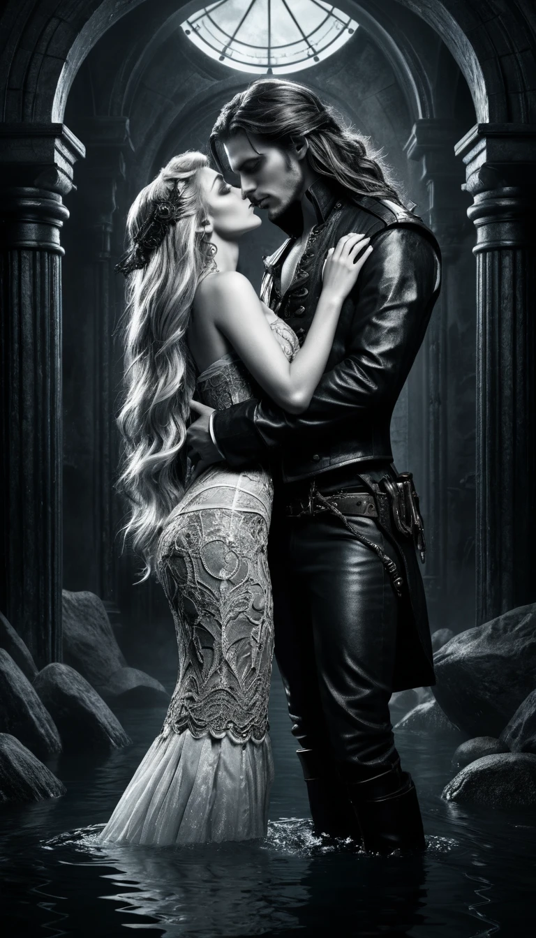 Romantic vampire and mermaid kiss in dark underwater scene