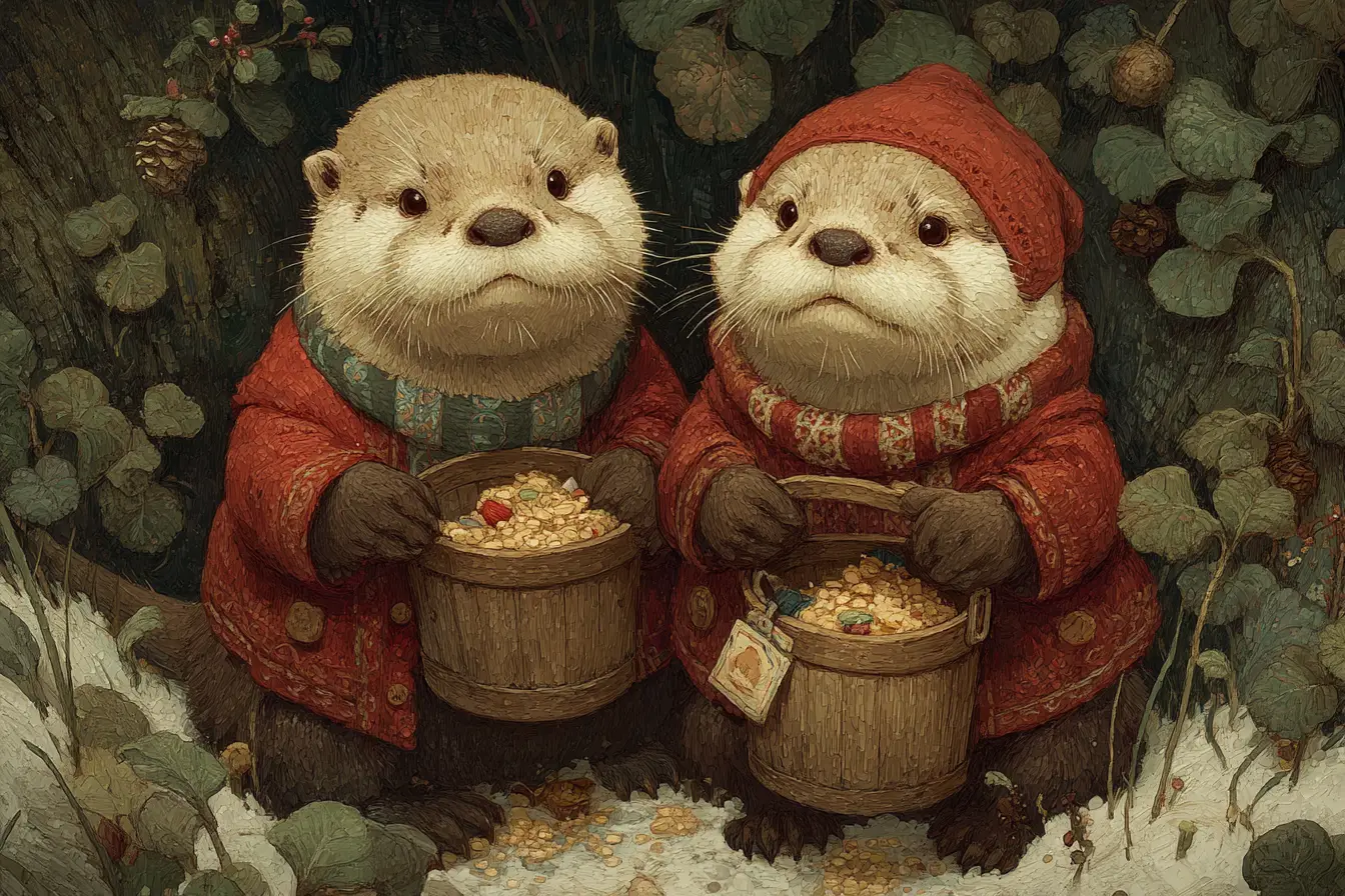 Playful fantasy otters in striped leg warmers on tundra
