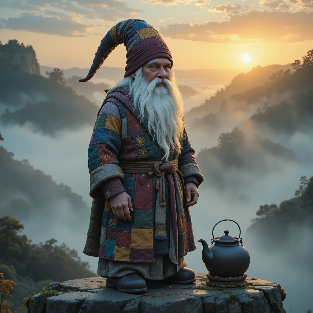 Gnome In Patchwork Robe Beside Kettle At Sunrise