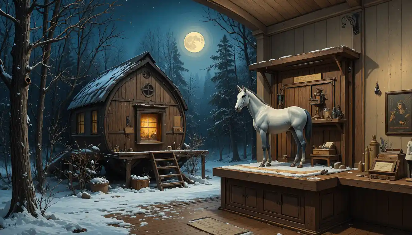 Mondbeschienene Winterwaldhütte an einem zugefrorenen Teich