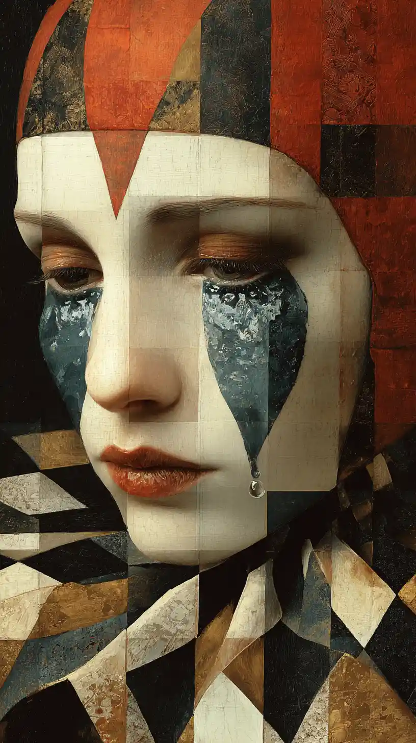 Pierrot femenina llorando en un onírico mundo surreal de tablero ajedrezado