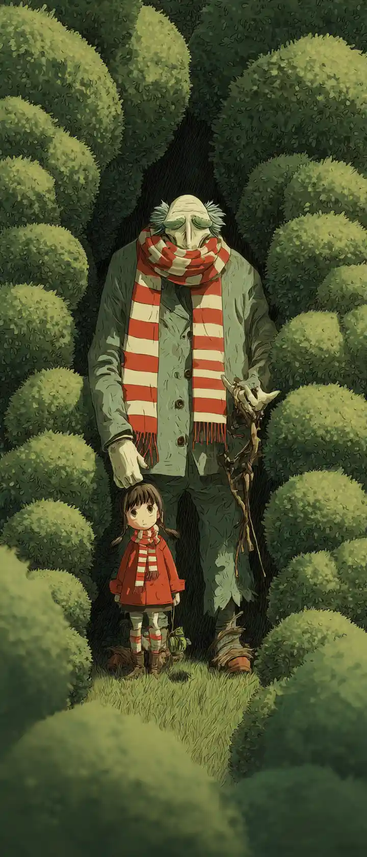 Father With Scissor Hands Trimming Hedge Into Daughter