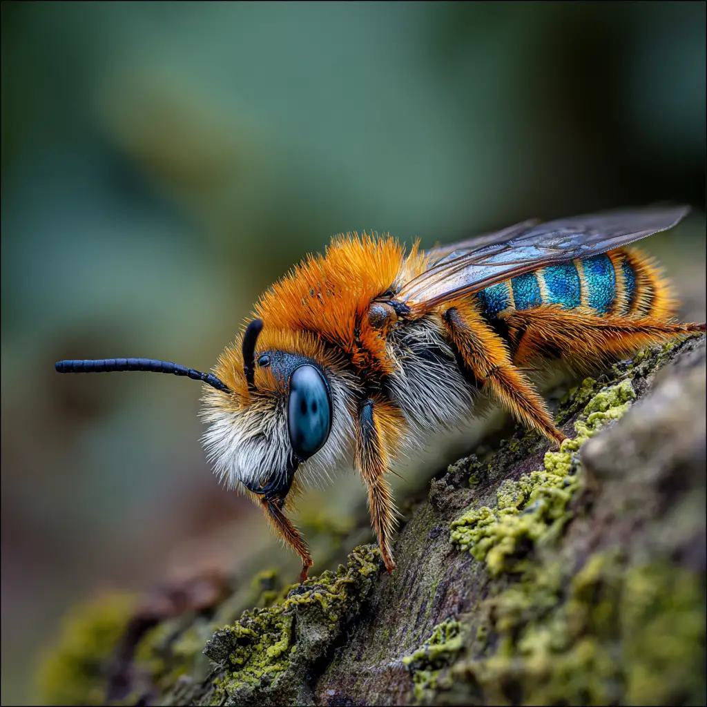 Tiny orange insect resting on mossy tree trunk