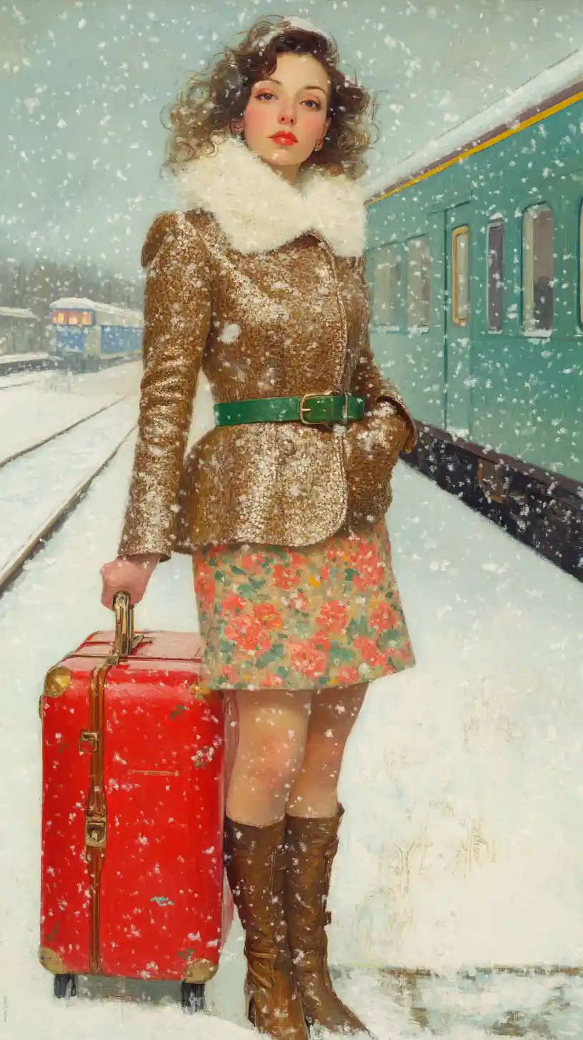 拿著紅色行李箱的女子在雪地月台等待火車
