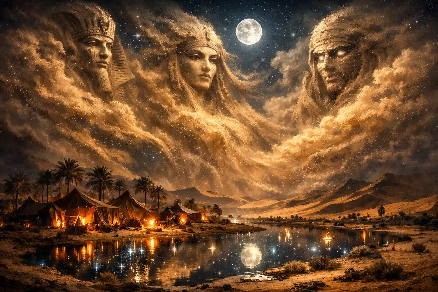 Surreal Egyptian spirits rising from sand over desert oasis
