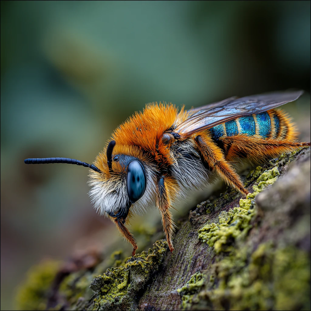 Tiny orange insect resting on mossy tree trunk