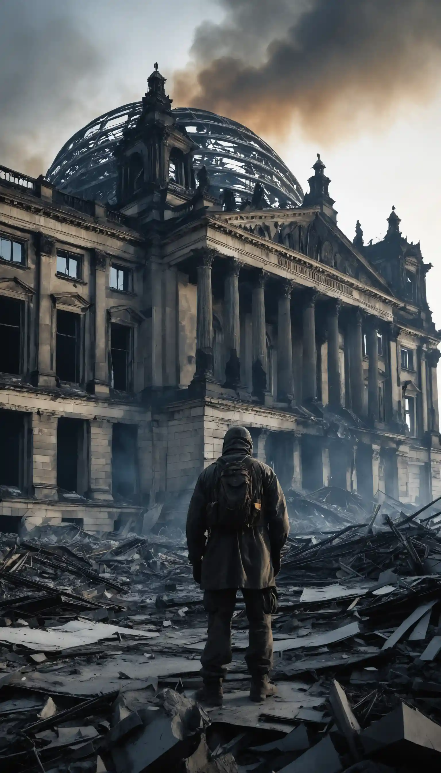 Ruines en flammes du Reichstag dans un désert post-apocalyptique