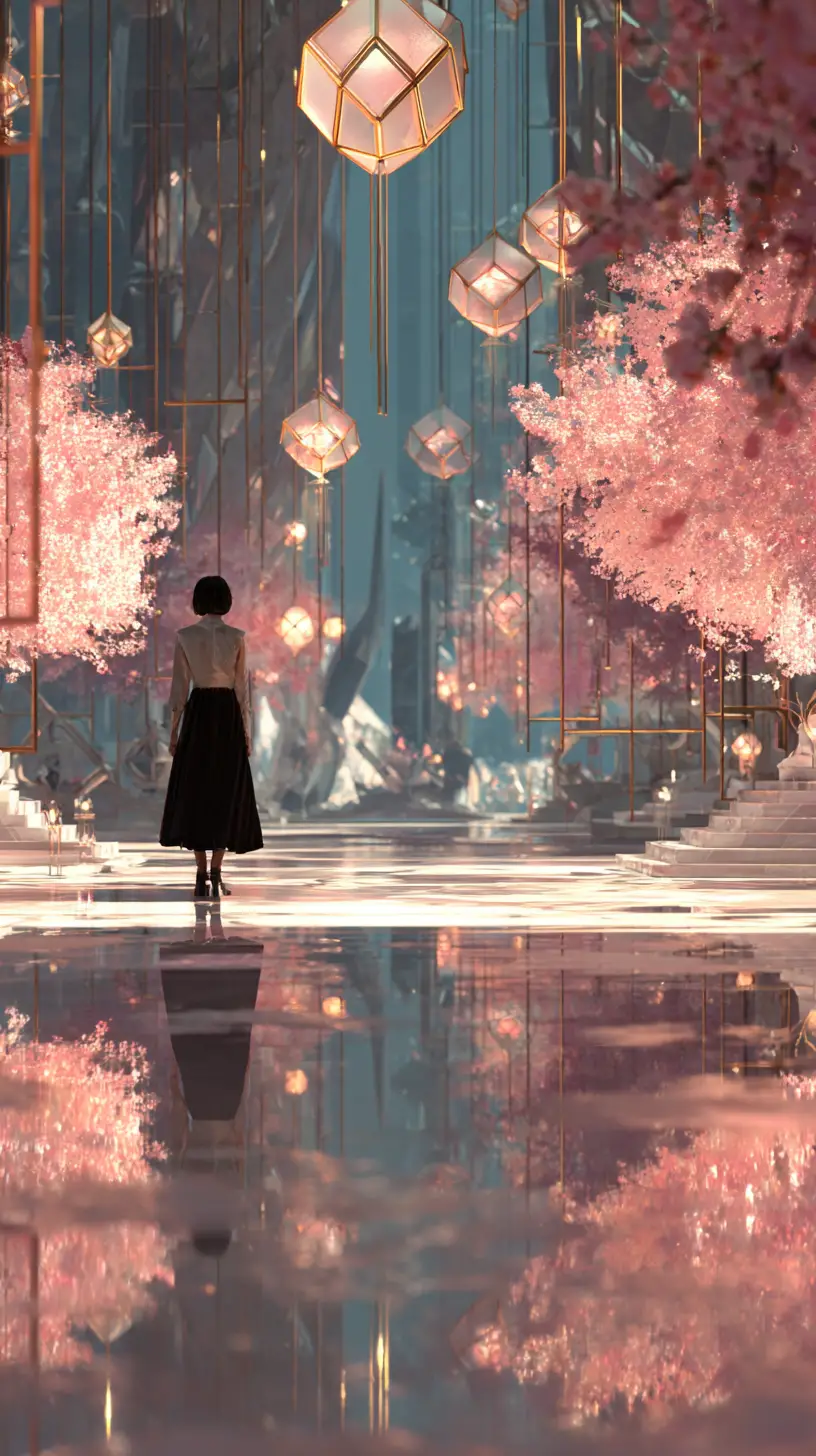 Woman walking through luminous Japanese fantasy cityscape
