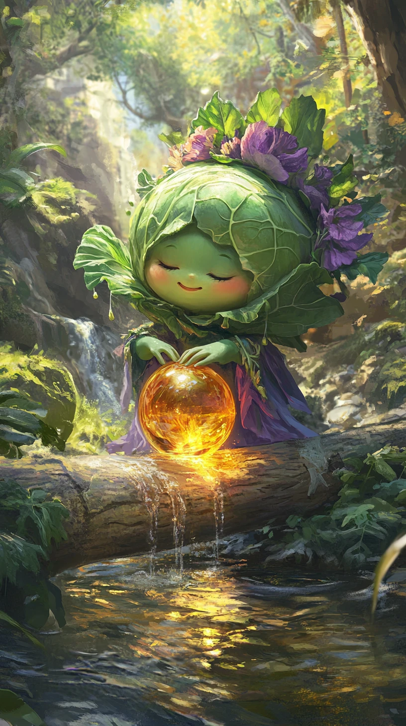 Whimsical cabbage girl guiding an amber glass ball