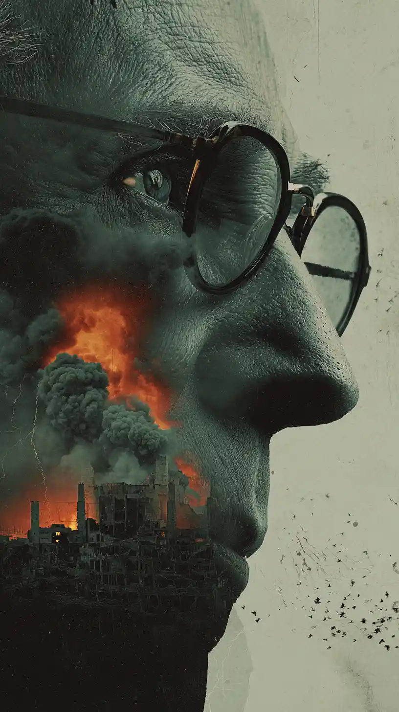 Scena di guerra cinematografica con inquietante confronto militare