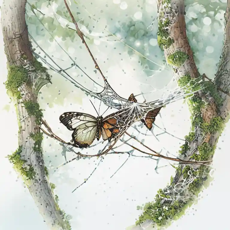 Farfalla arancione intrappolata in una ragnatela in una foresta nebbiosa