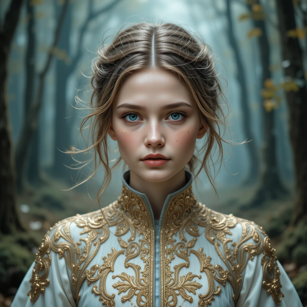 Young woman in ornate gold embroidery in misty forest