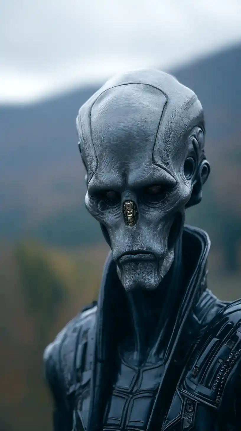 Alien humanoid in glossy black suit before epic spaceship