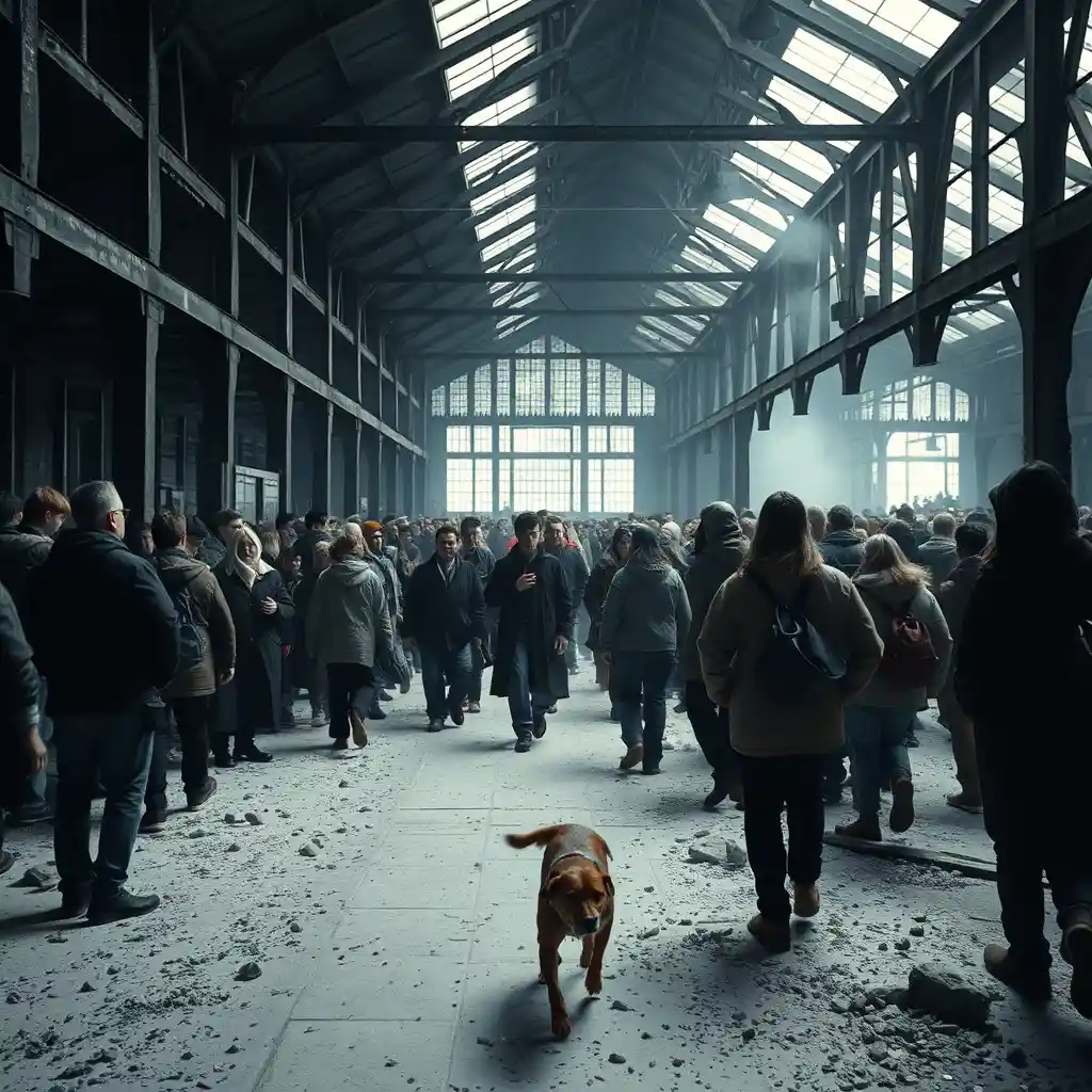 Survivors Leaving A Burned Train Station With A Small Dog