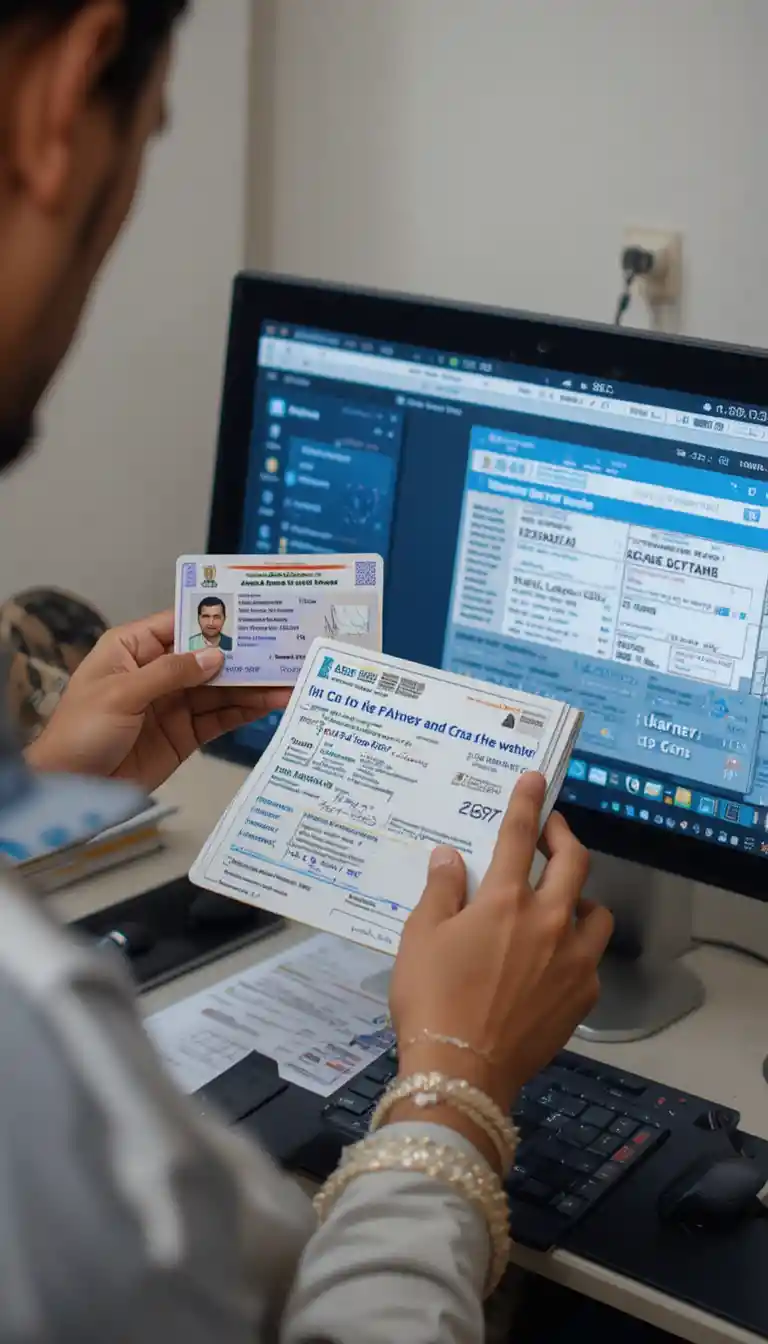 Office worker applying for pan card at computer desk