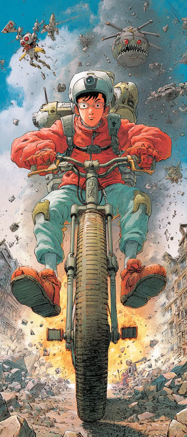 Mecha pilot pedaling tiny legs as laughing kaiju loom