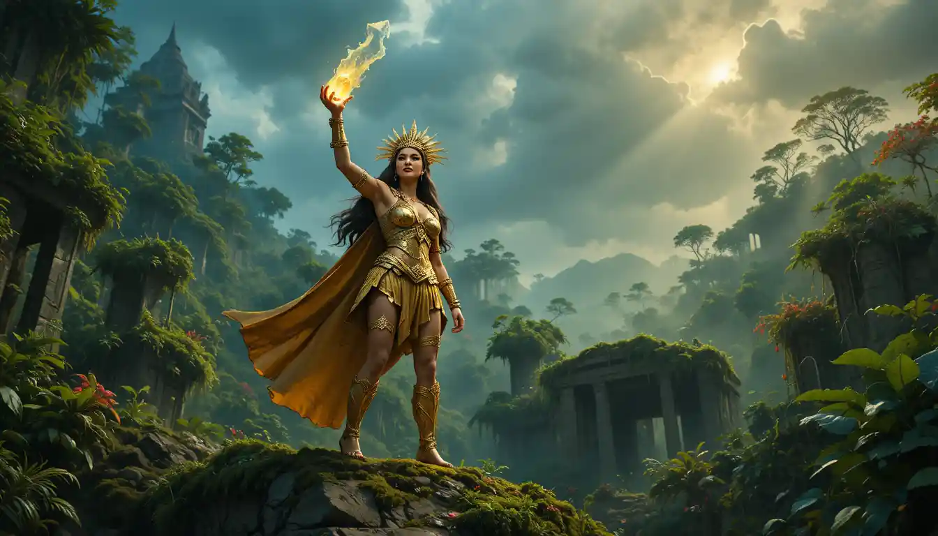 Amazon warrior queen on jungle ruins with glowing crystal