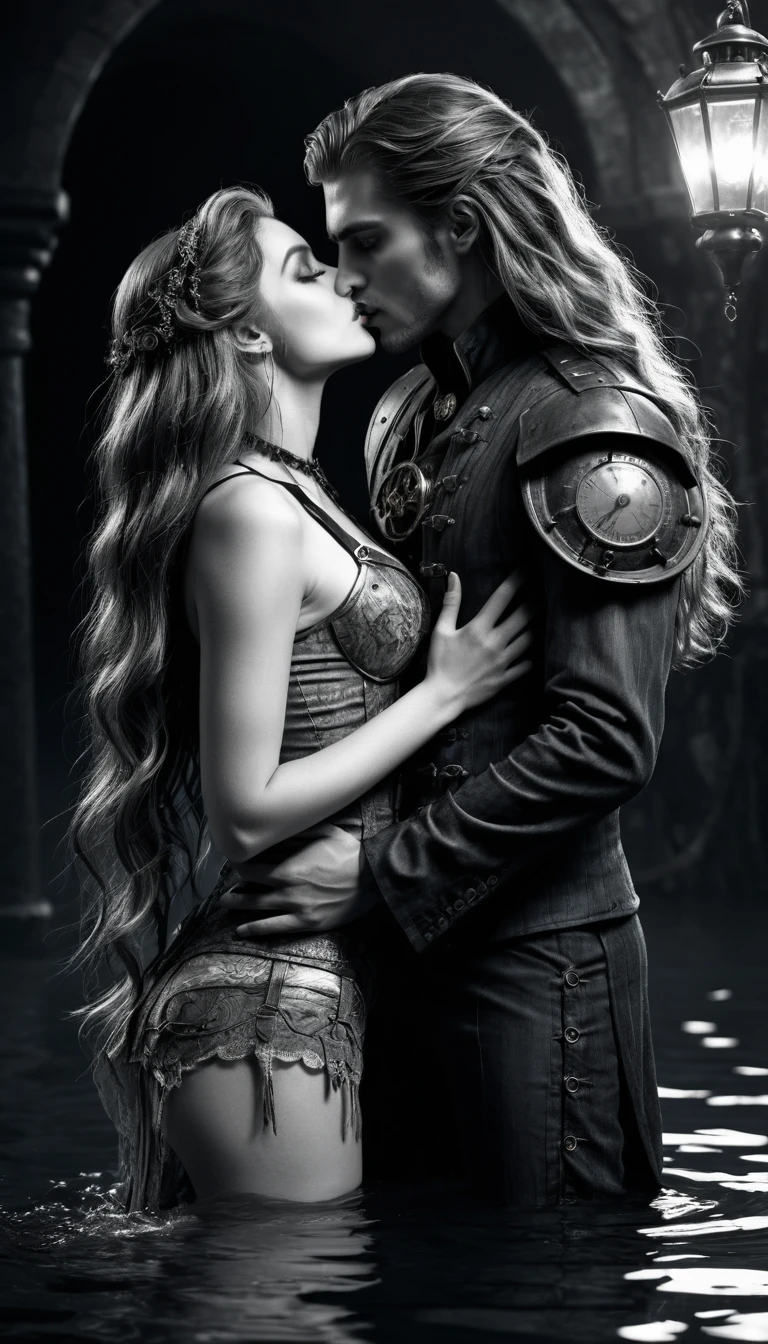Dark steampunk vampire and mermaid kiss in underwater embrace
