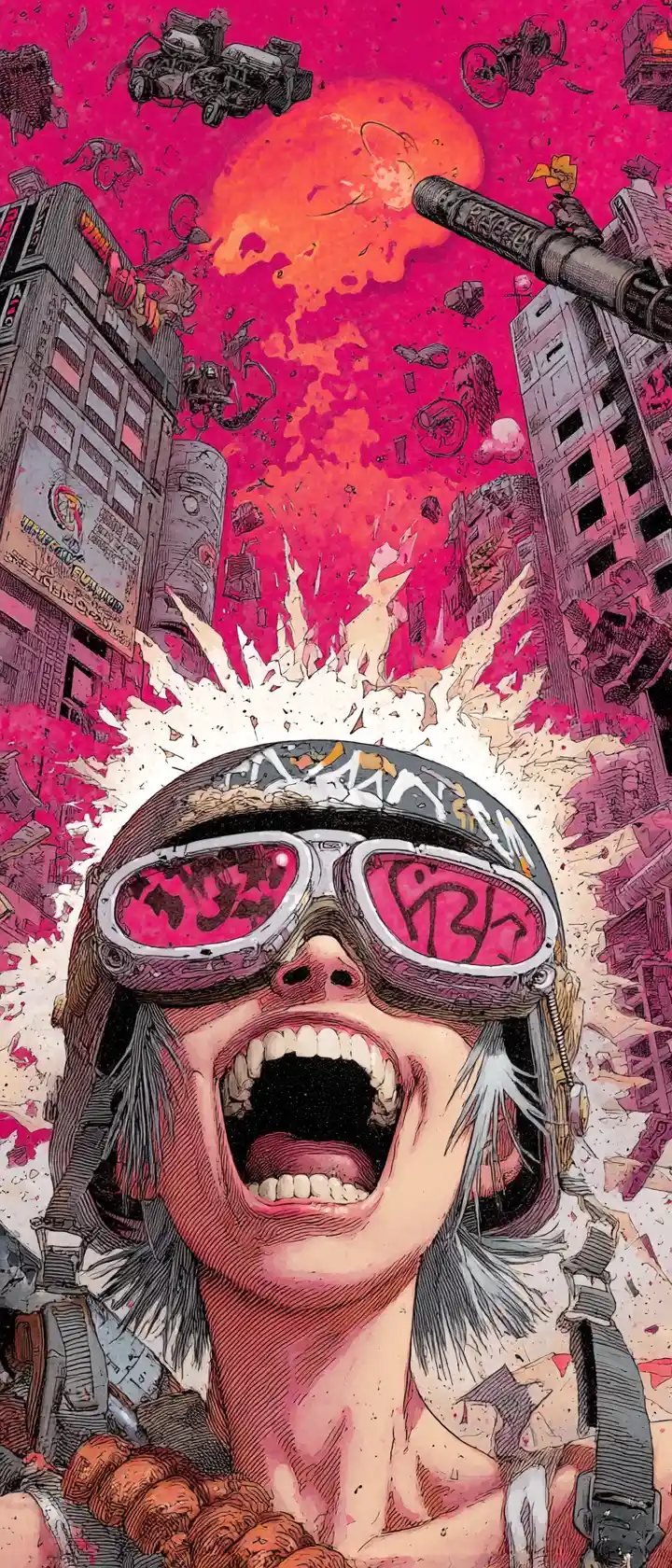 Cyberpunk woman blasting corporate billboard with bazooka