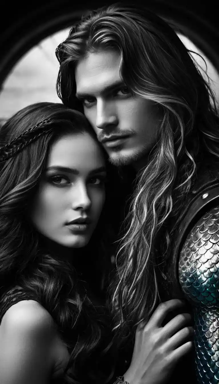 Scatto eroico oscuro e romantico di uomo e sirena sott’acqua