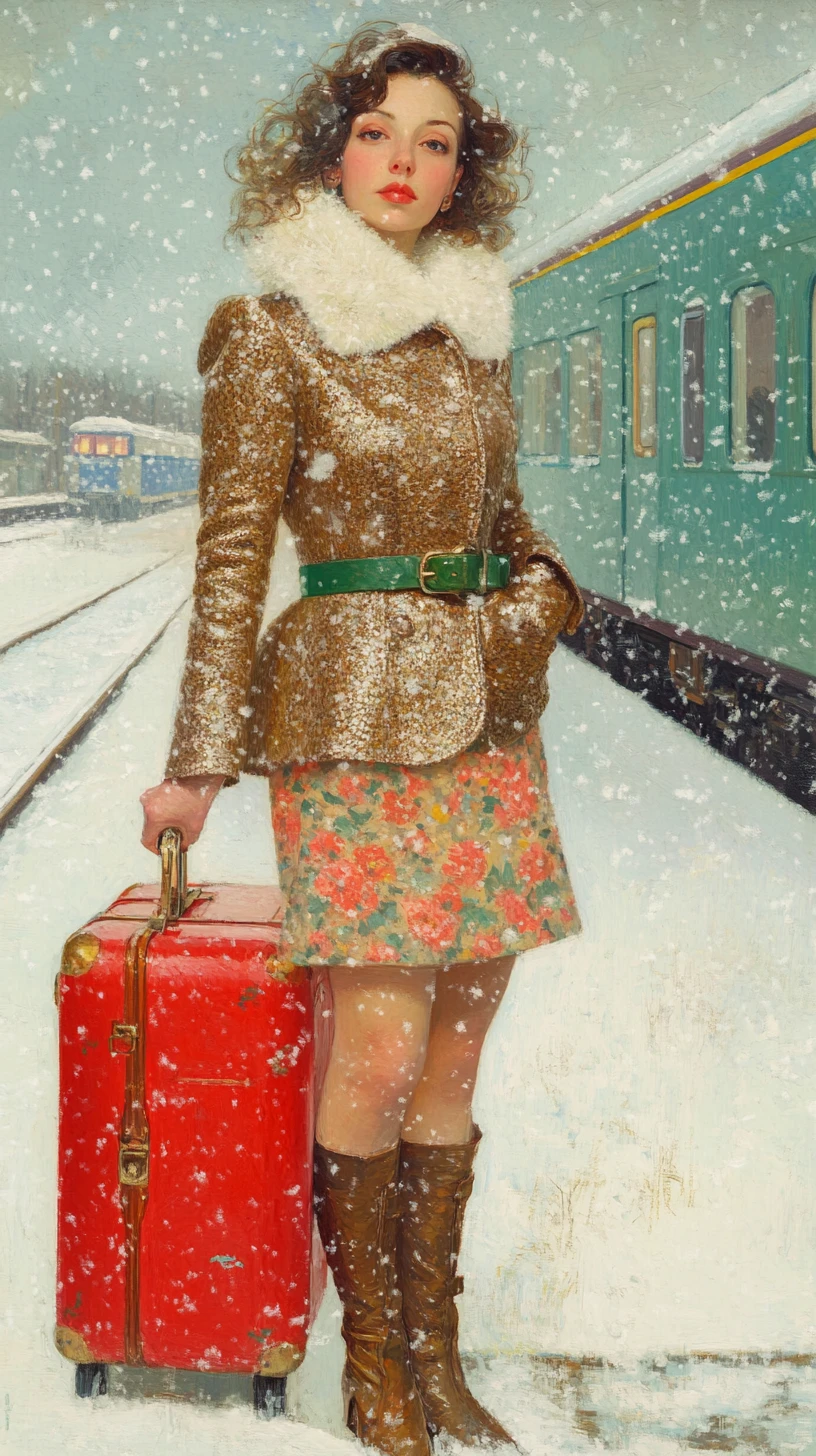 拿著紅色行李箱的女子在雪地月台等待火車