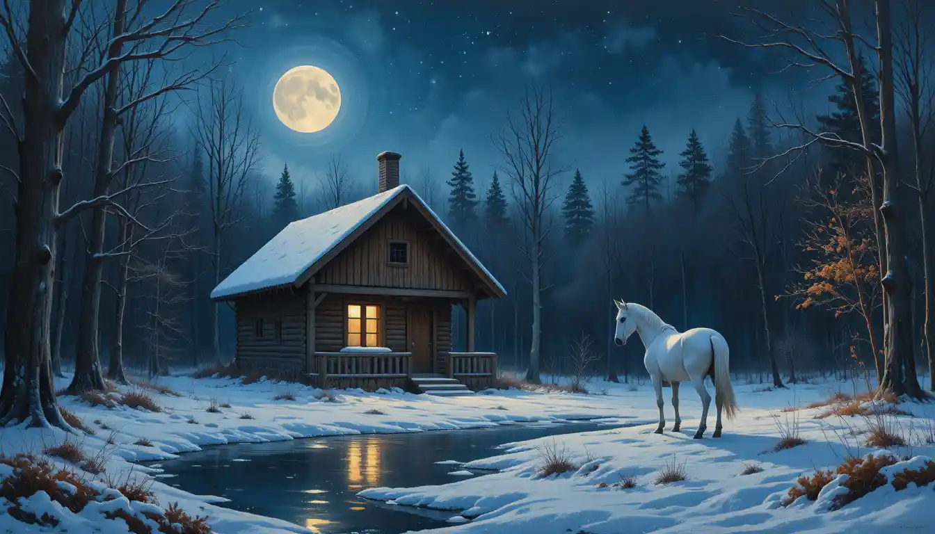 Cavallo bianco che riposa accanto a una cabina nel bosco al chiaro di luna