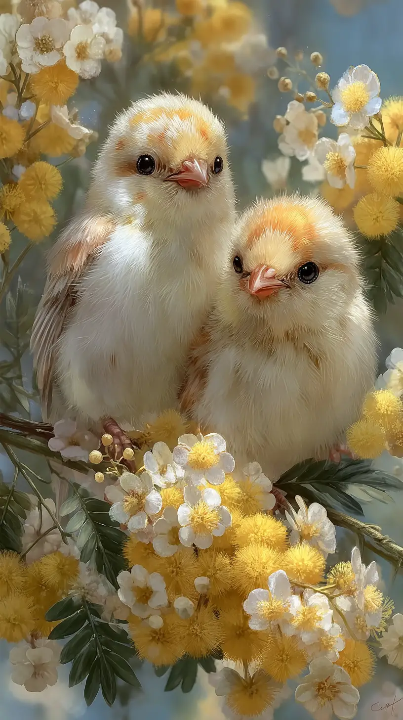 Fluffy yellow chicks among bright mimosa fantasy flowers