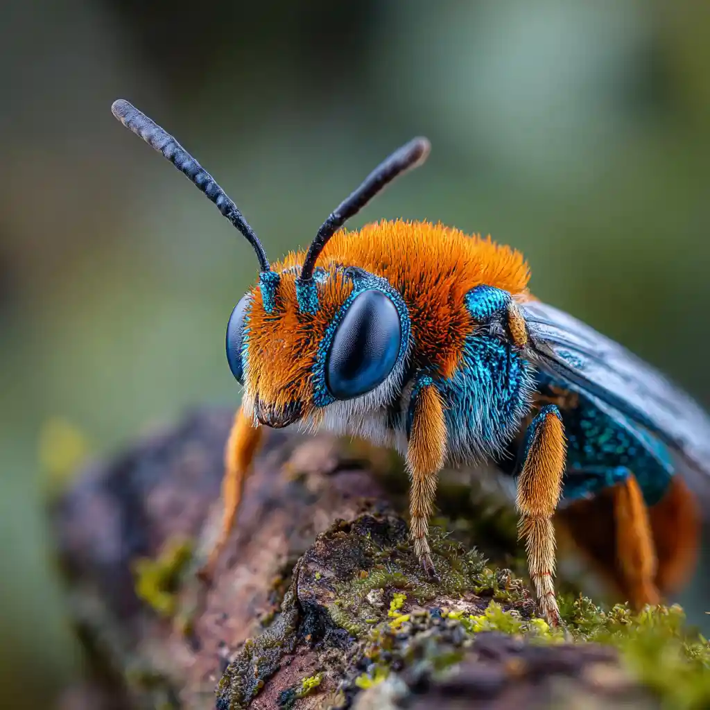 Tiny orange insect resting on mossy tree trunk