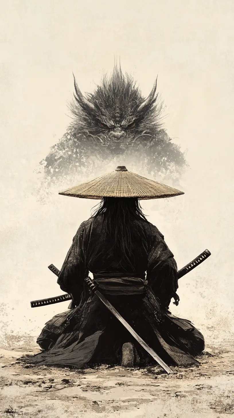 Solitary samurai kneeling in sand beneath a clear sky