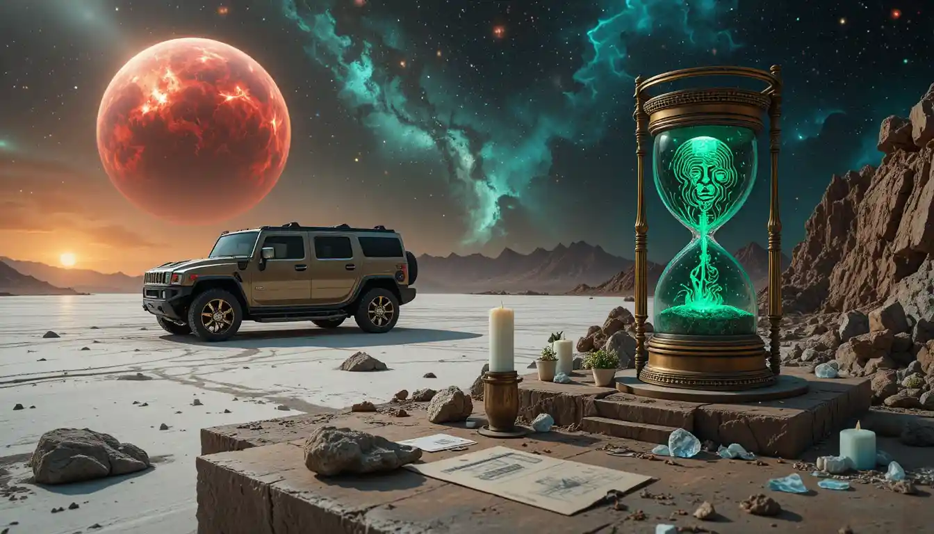 Futuristic SUV by portal on cosmic black sand beach