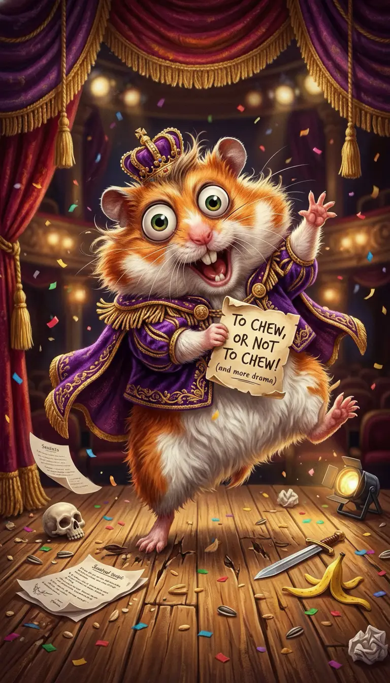 Colorful digital illustration of a dramatic goofy hamster