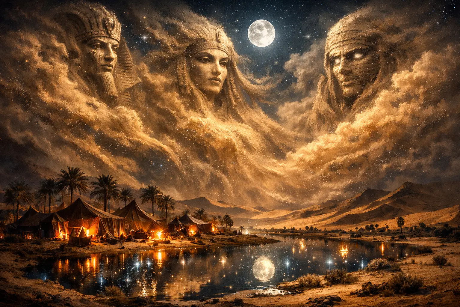 Surreal Egyptian spirits rising from sand over desert oasis