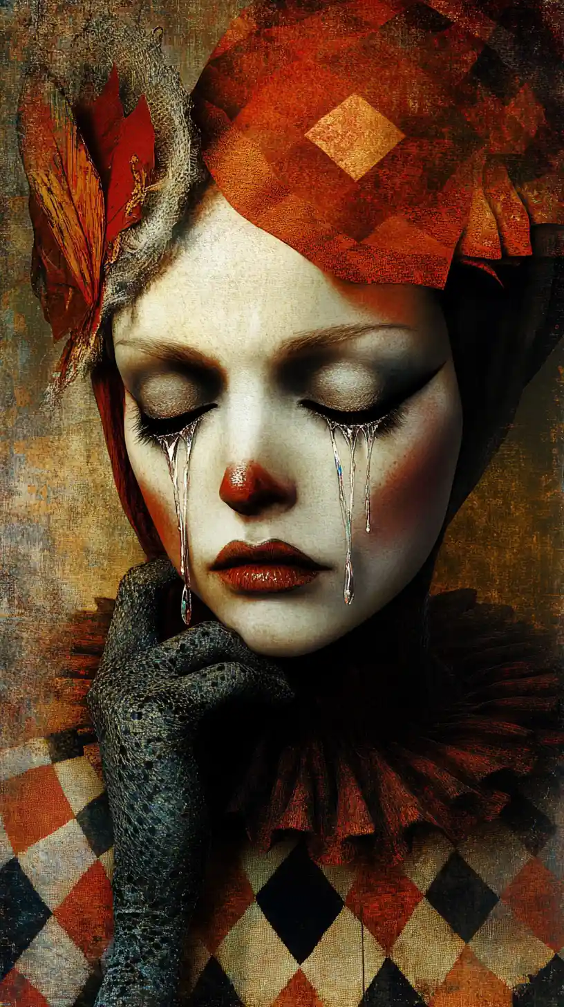 Crying dark pierrot woman in a surreal checkerboard world