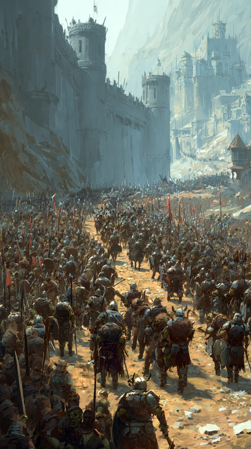 Orc Horde Marching On A Fortress With Human Defenders