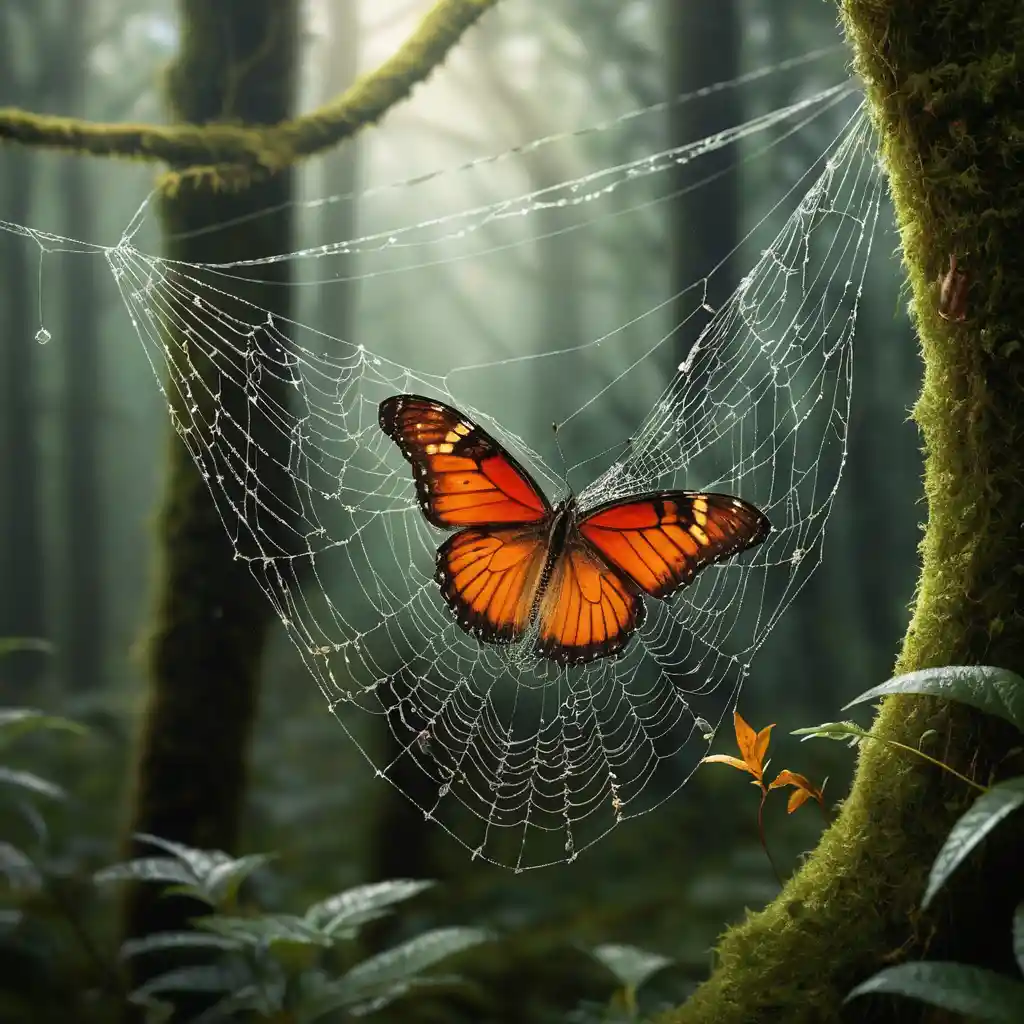 Mariposa naranja atrapada en una telaraña en un bosque brumoso