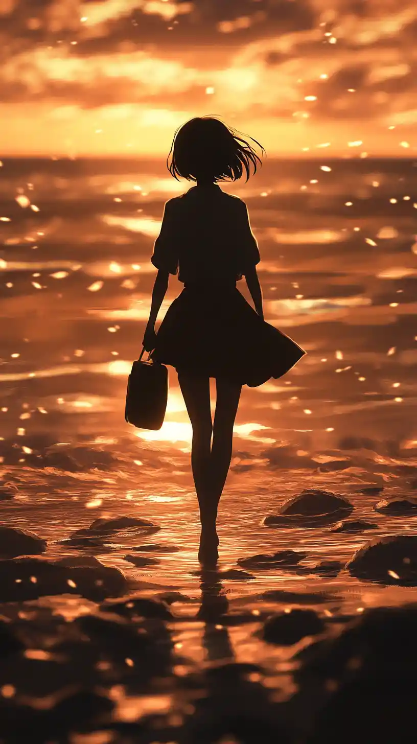 Anime woman walking alone on a rocky beach at sunset