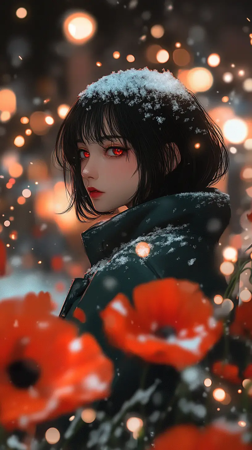 Anime girl in snow with red poppies at night