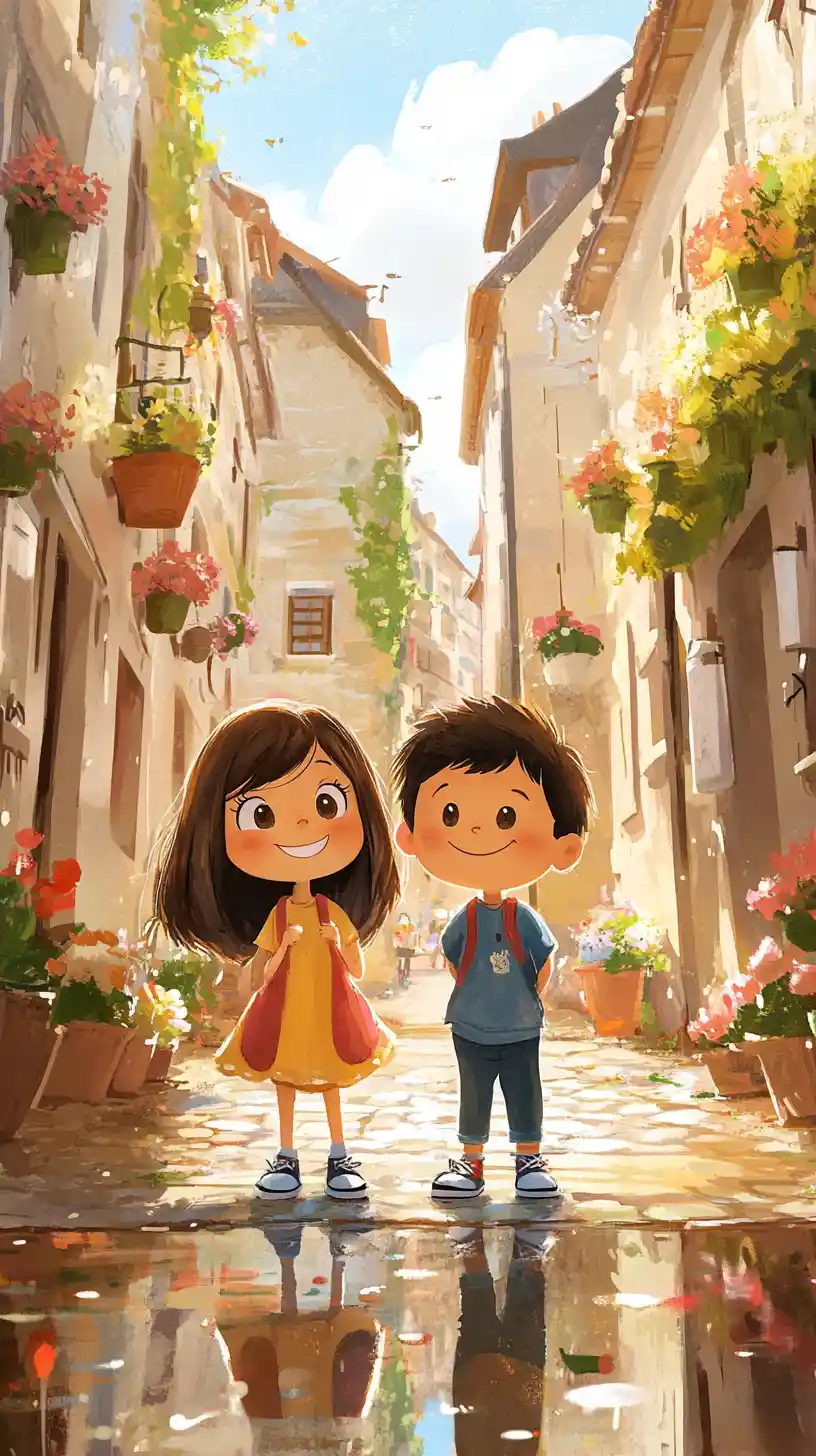 Cheerful Children Playing In A Sunny European Street