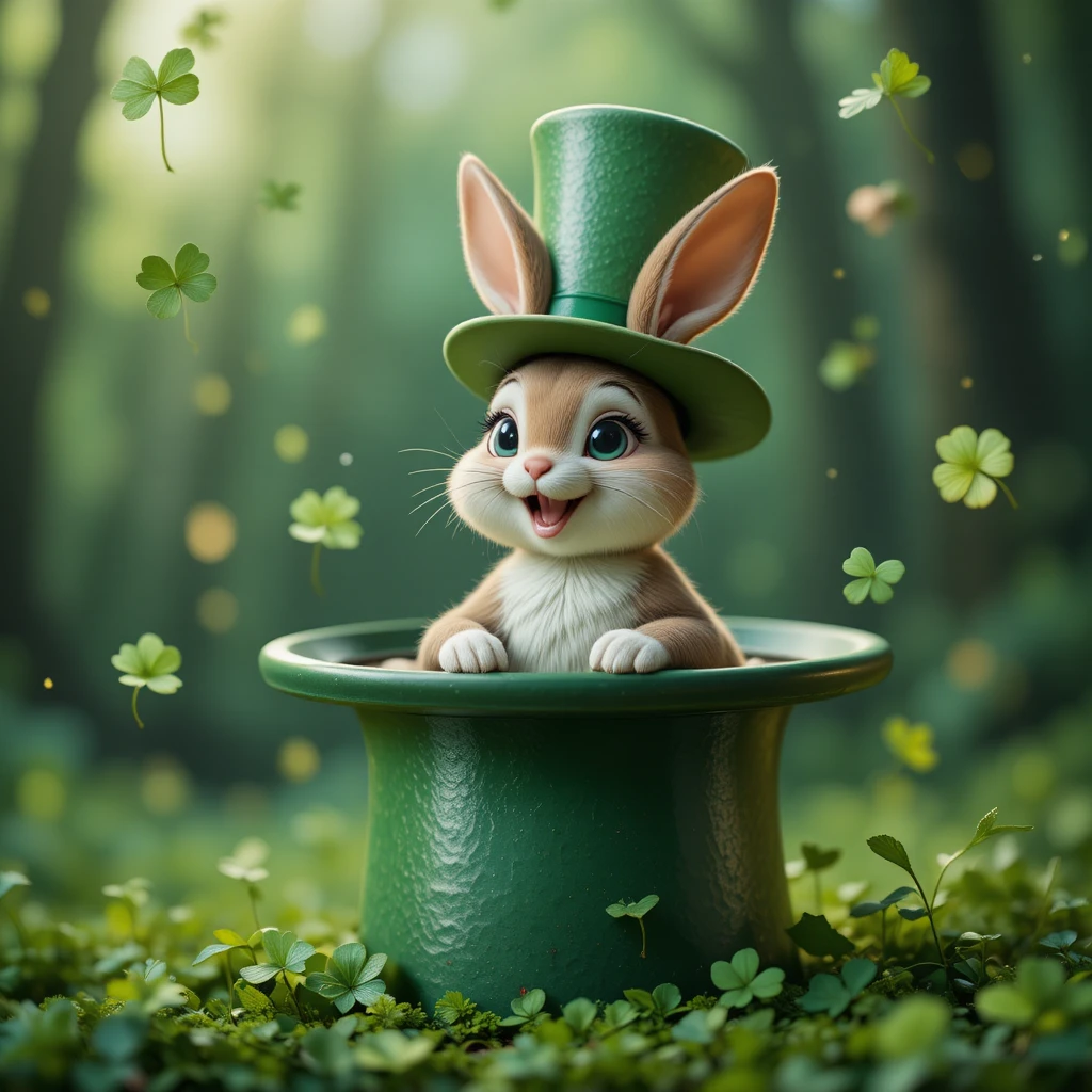 Conejo mágico saliendo de un sombrero verde con tréboles
